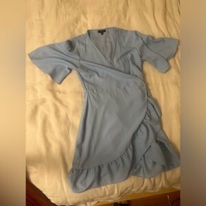 Topshop powder blue mini ruffle-hem wrap dress with buttons